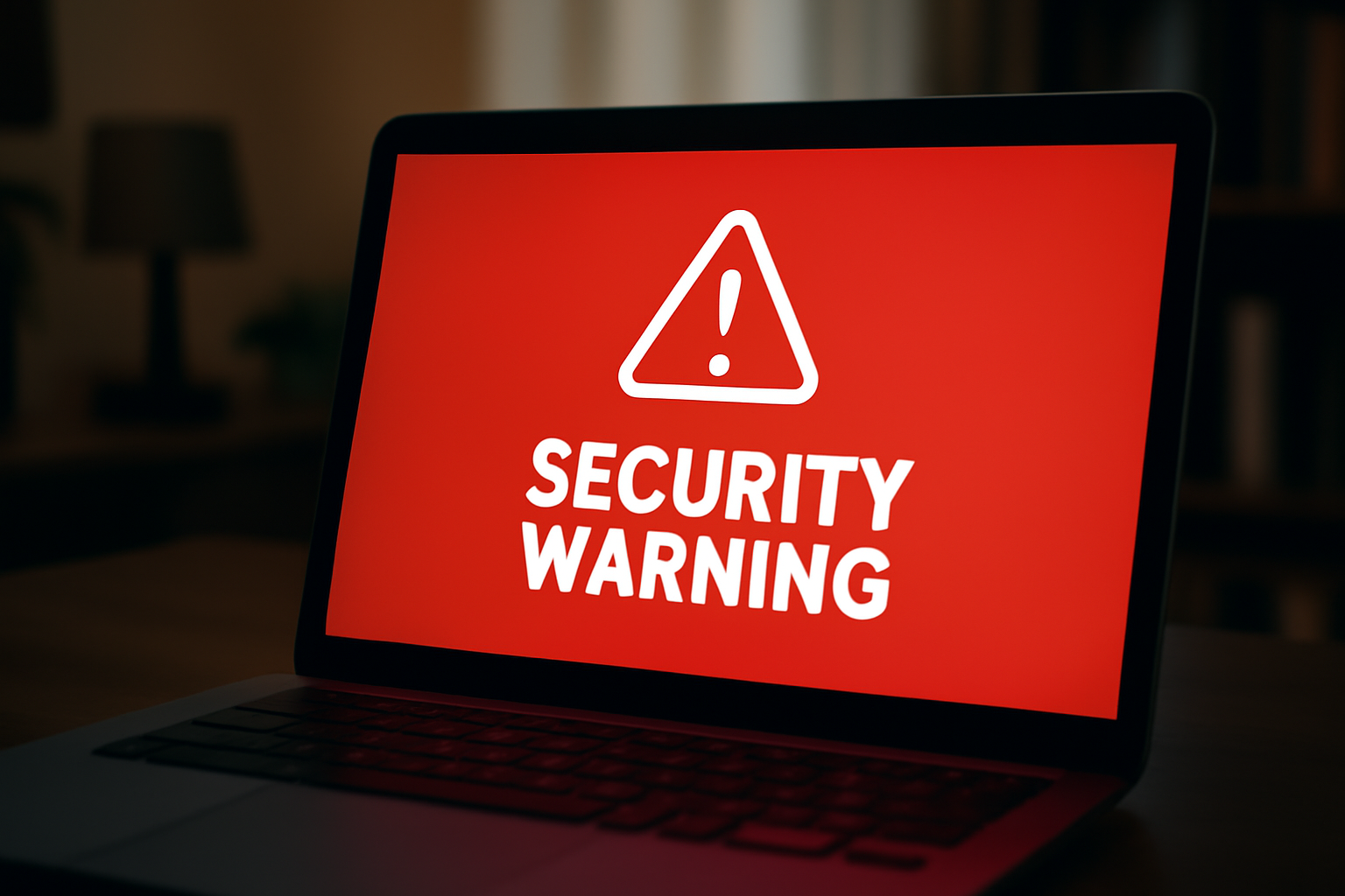 A laptop screen displaying a full-screen fake security warning with a phone number, cursor hidden