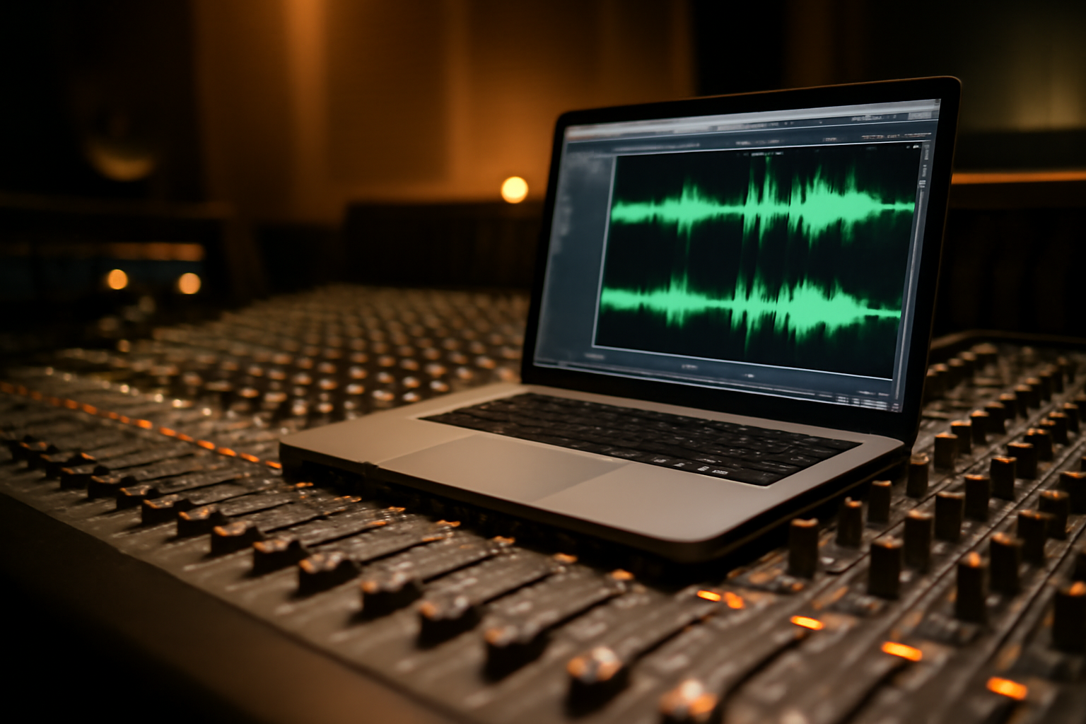 Recording studio mixing console with a laptop displaying AI-generated audio waveforms