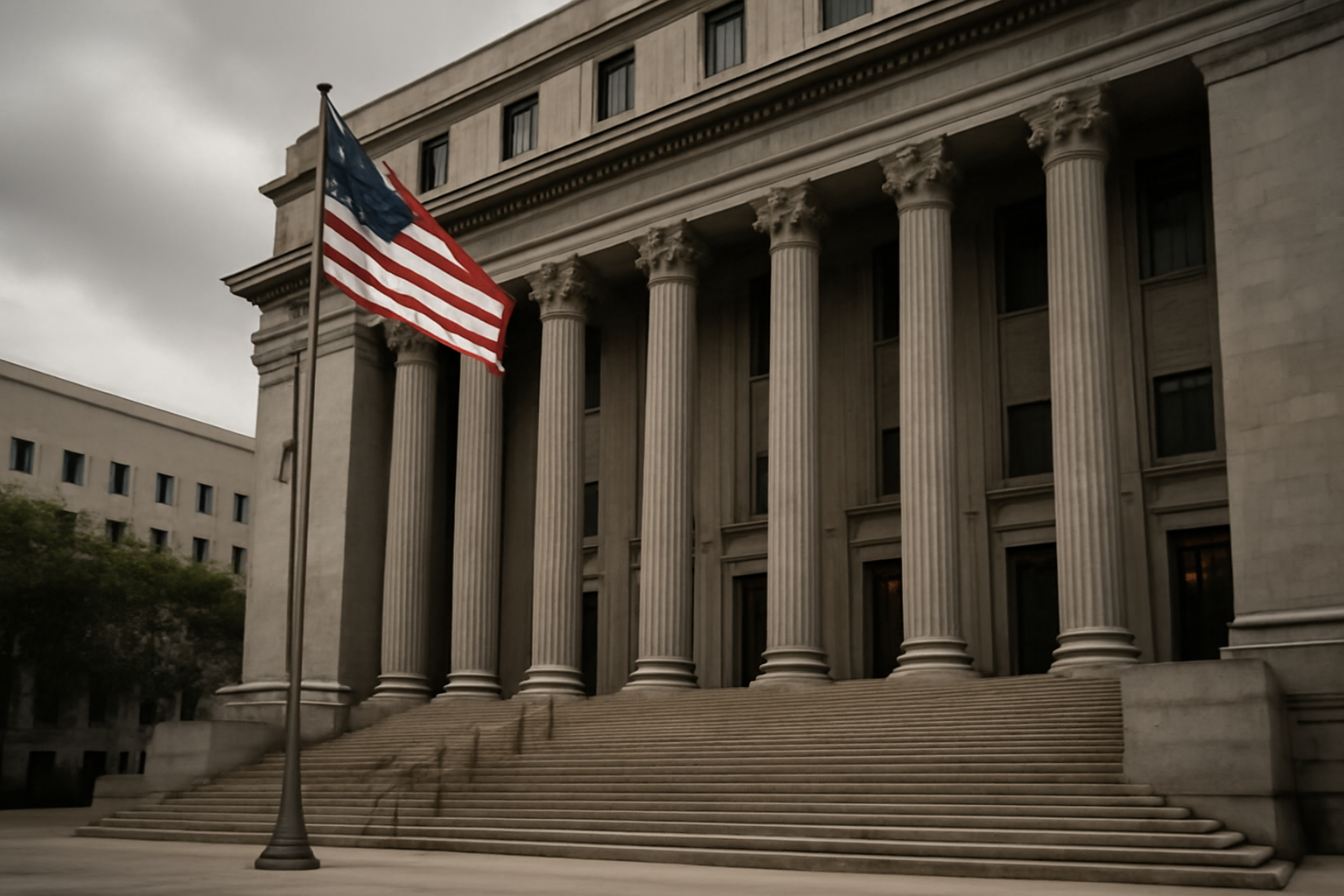Federal courthouse exterior in Miami with American flag, overcast afternoon light