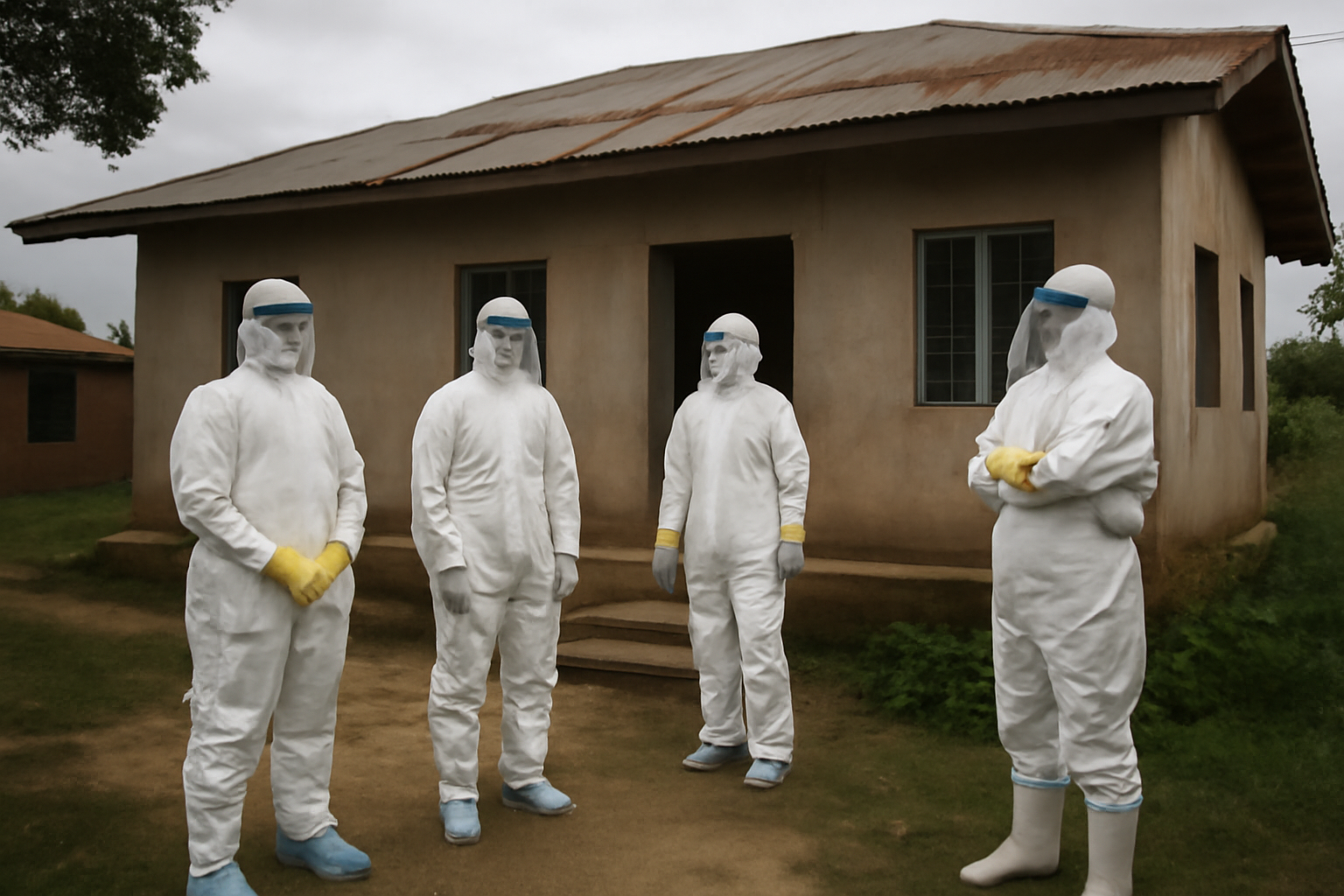 Health workers in protective gear outside a rural clinic in the Democratic Republic of Congo