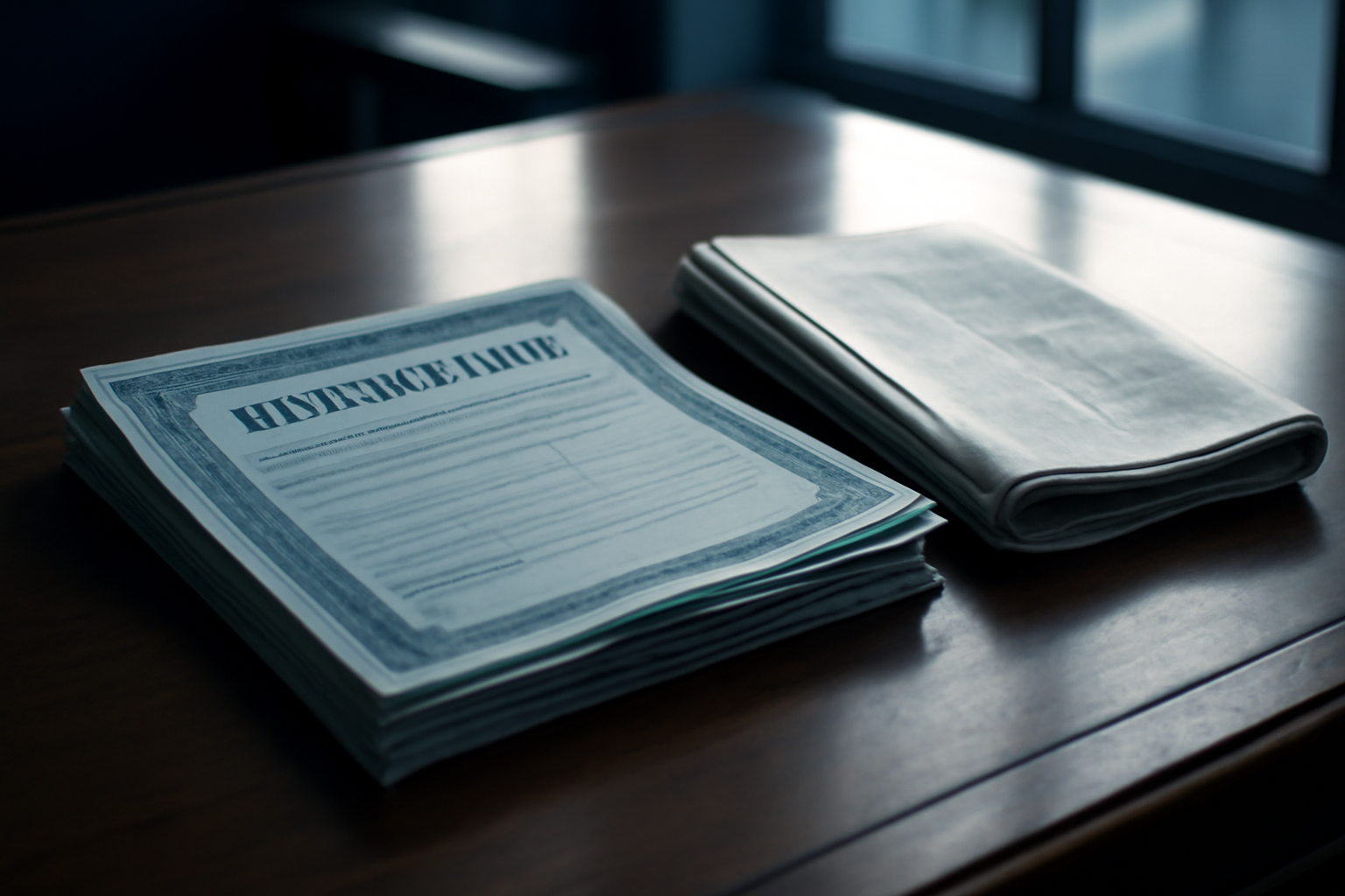 Stacks of government bond certificates beside a folded financial newspaper on a trading desk