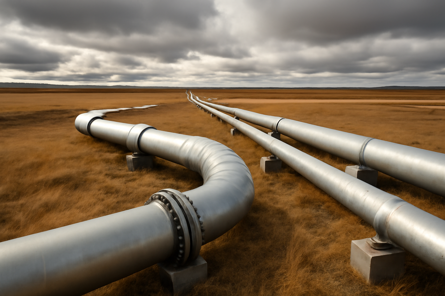 Oil pipeline infrastructure on the Alberta prairie under an overcast sky