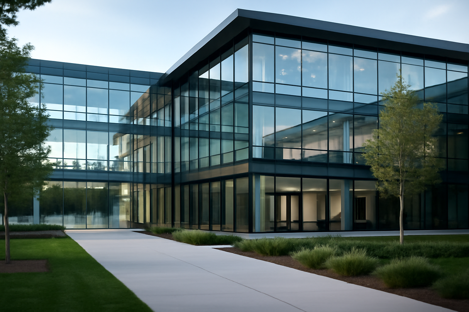 Apple corporate campus exterior with glass architecture under daylight