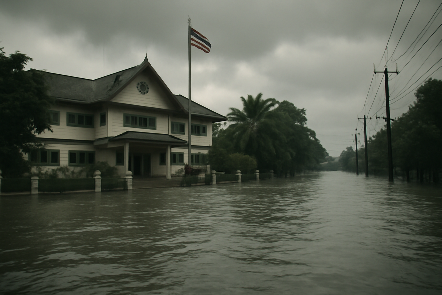 Floodwater covering a street outside a Thai government office building