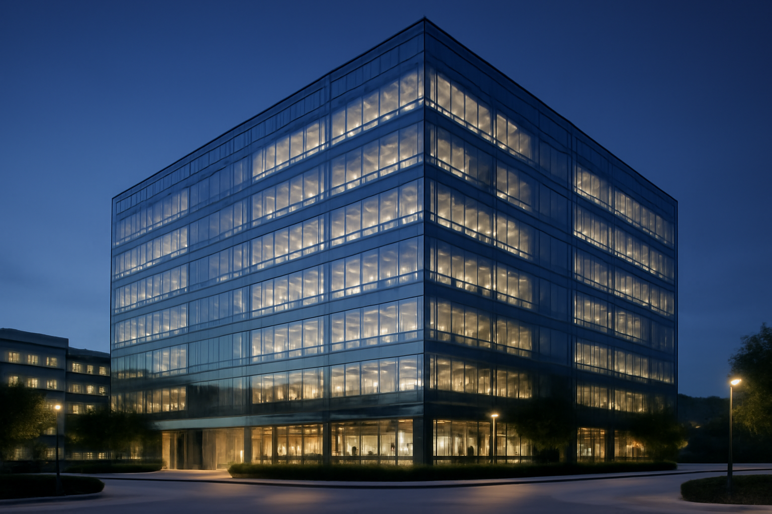 Exterior sign of an artificial intelligence company office building with glass facade