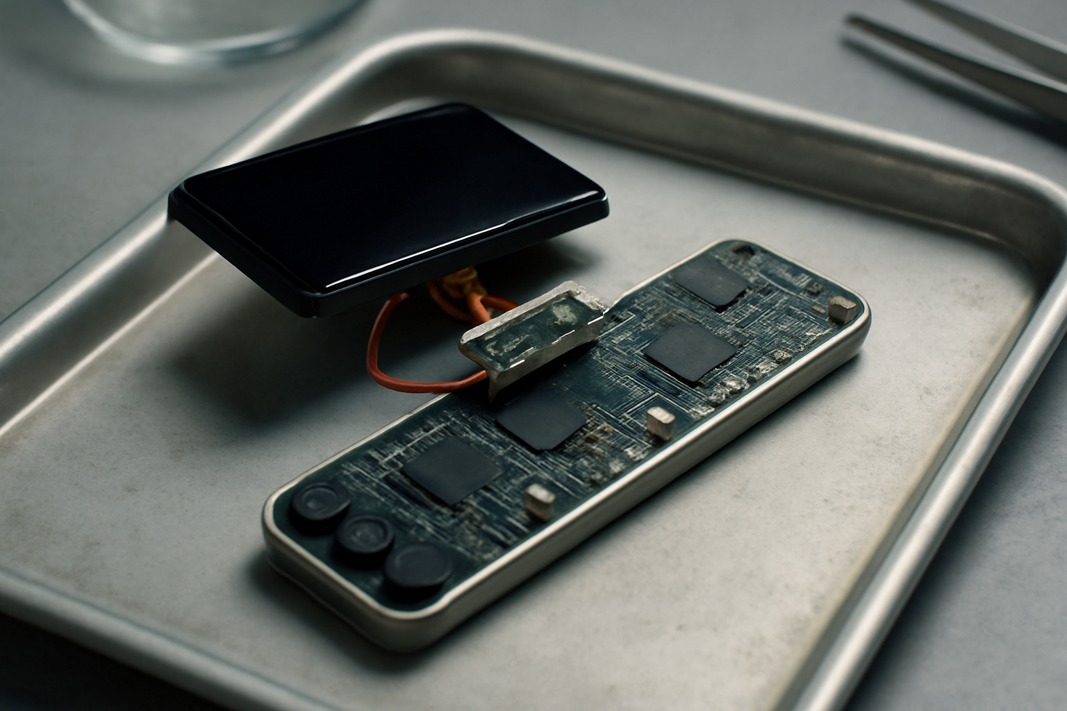 Close-up of a small circuit board hidden beneath the screen of a disassembled crypto hardware wallet