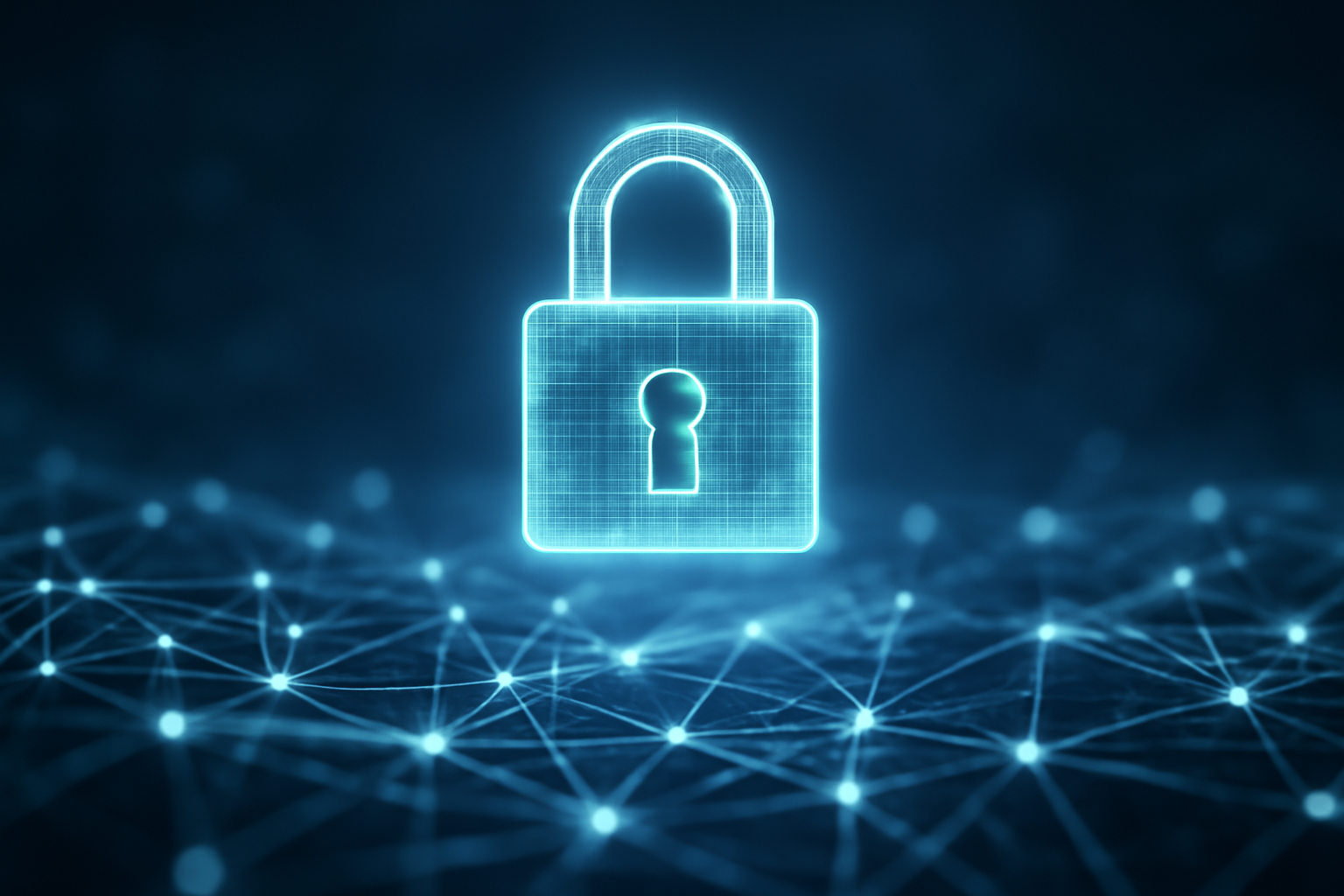 A padlock icon glowing over an abstract network of connected data nodes representing an AI system audit