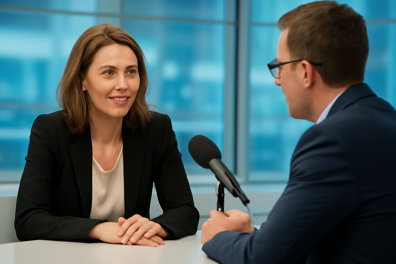 A woman being interviewed on a television news set about a subway encounter with a comedian