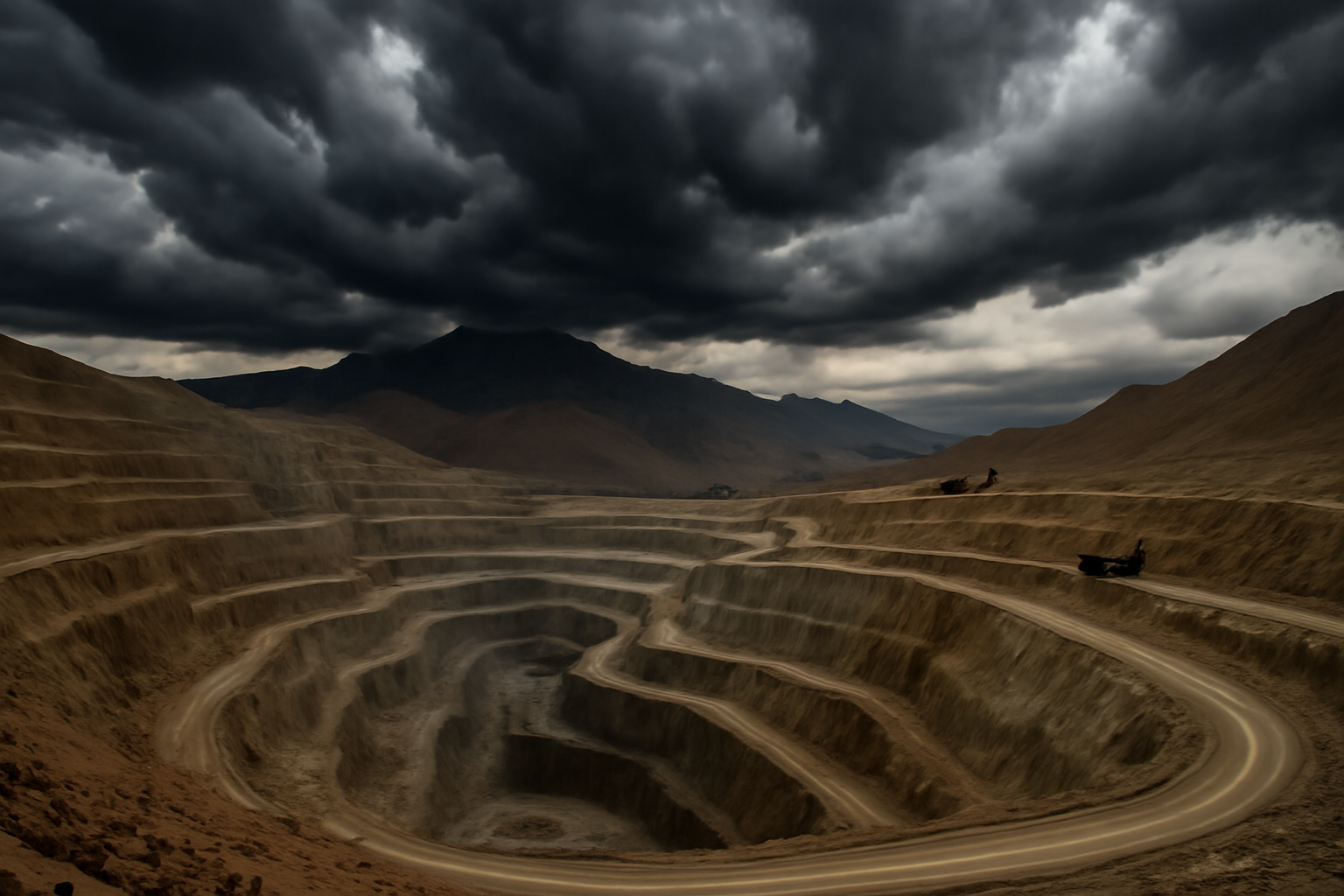 Storm clouds gathering over a mountainous copper mining region in central Chile