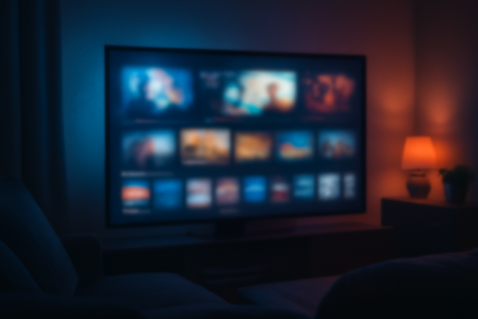 Netflix logo displayed on a streaming device screen in a dim living room