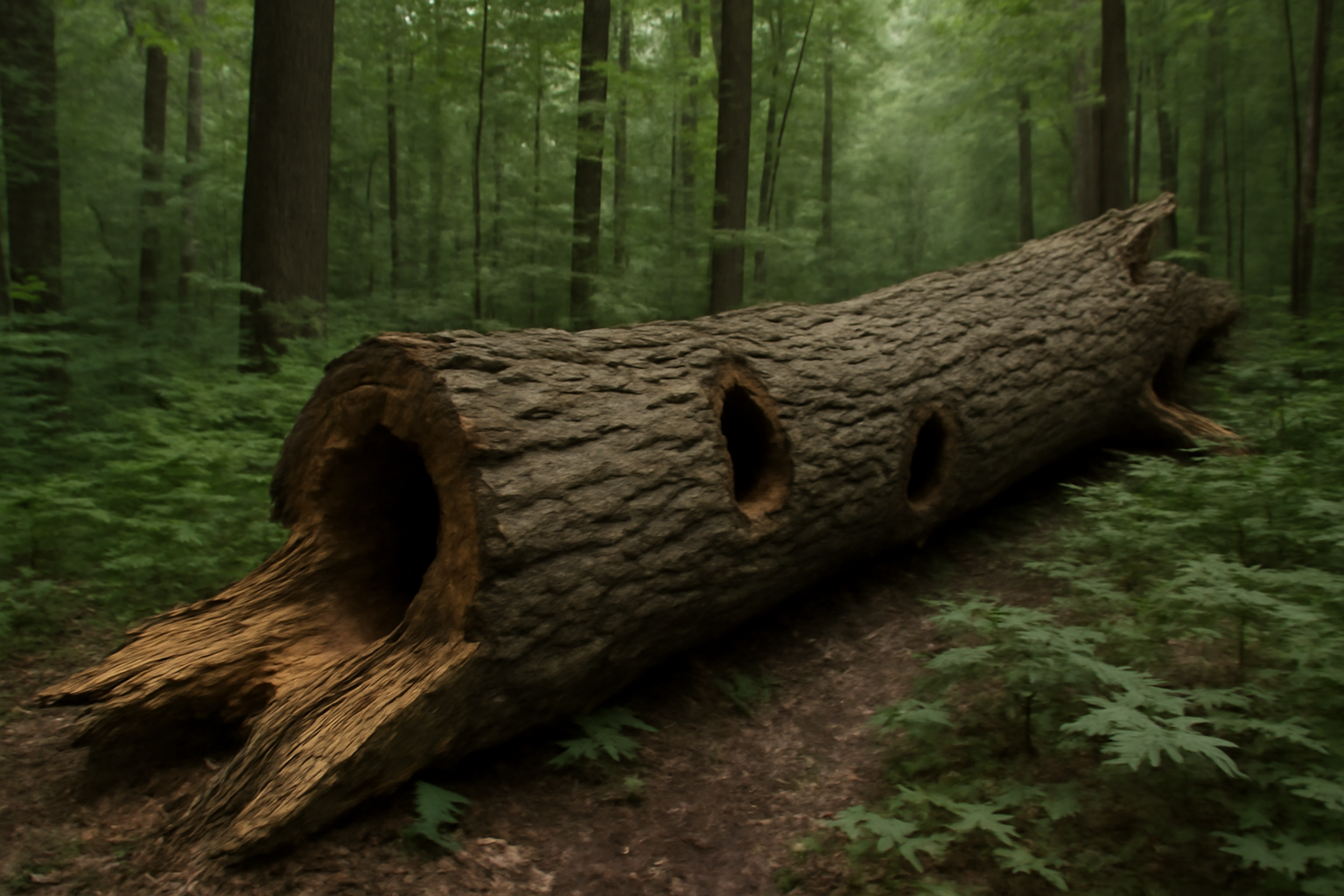 A bat roosting inside the trunk of a large felled tree in a forest clearing