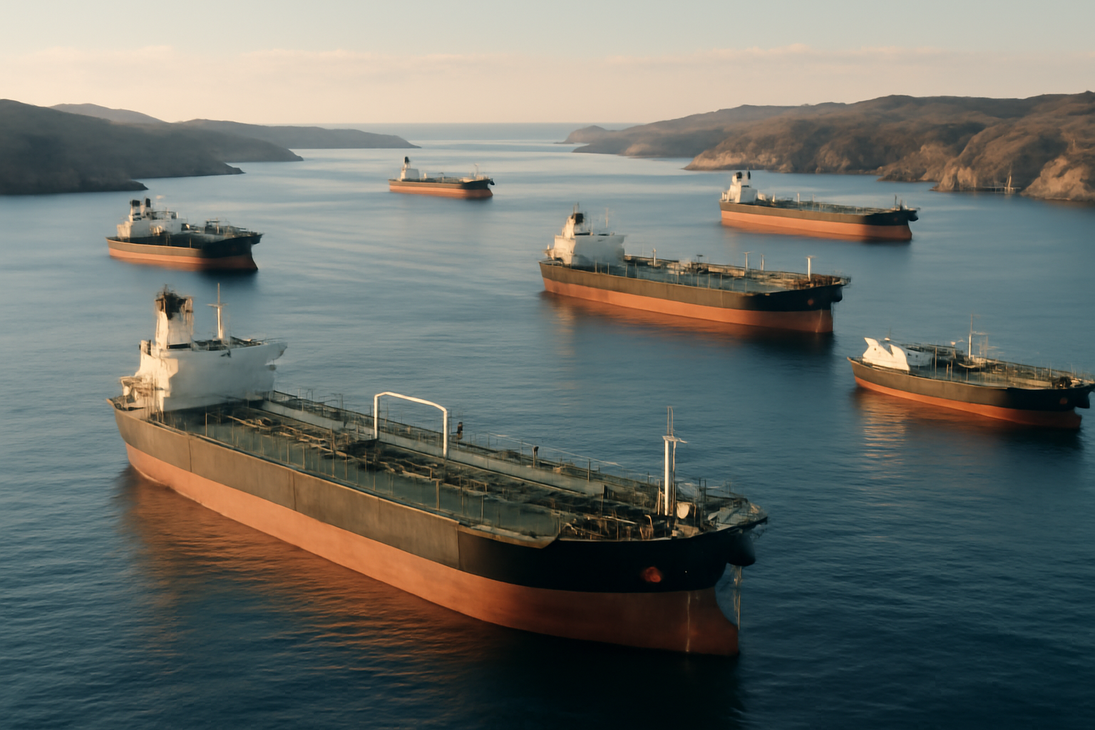 Oil tankers waiting in open water near the Strait of Hormuz shipping lane