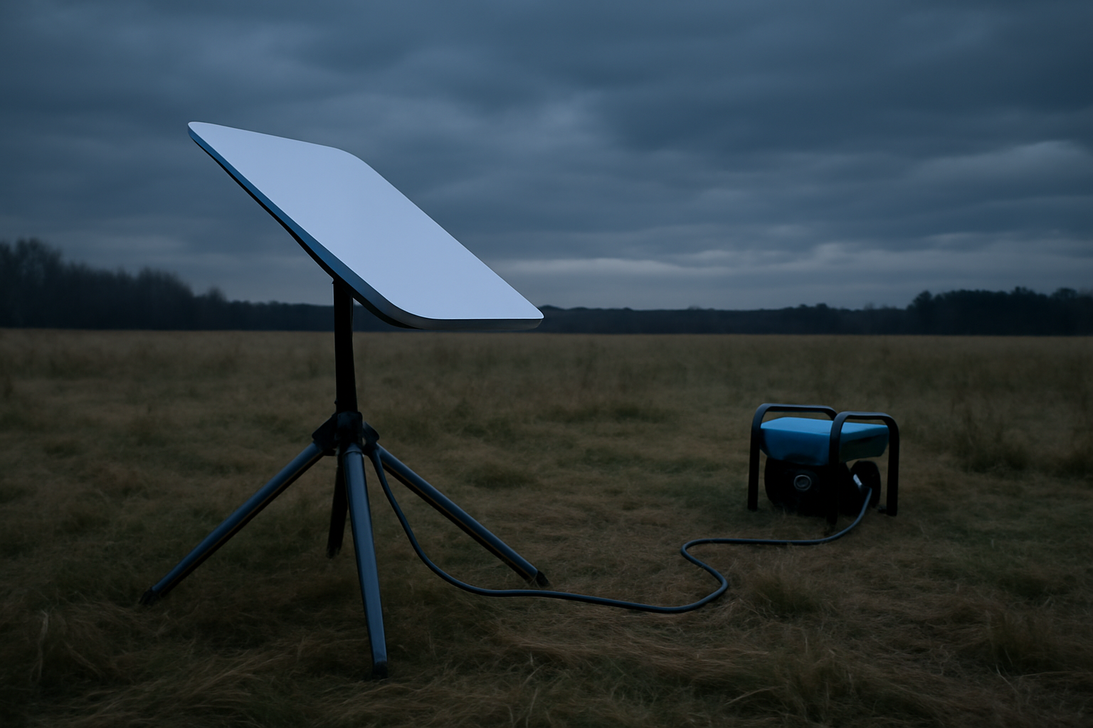 Satellite dish terminal on a tripod in a field under a cloudy sky