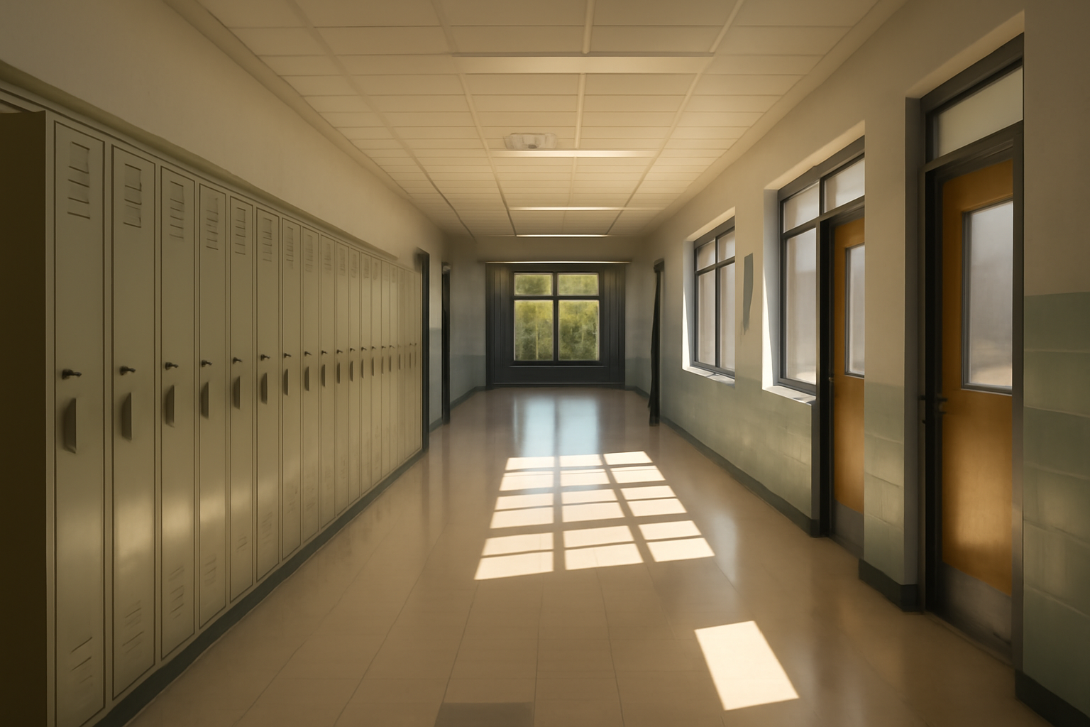 Empty school hallway with lockers in a Florida public school building during daytime