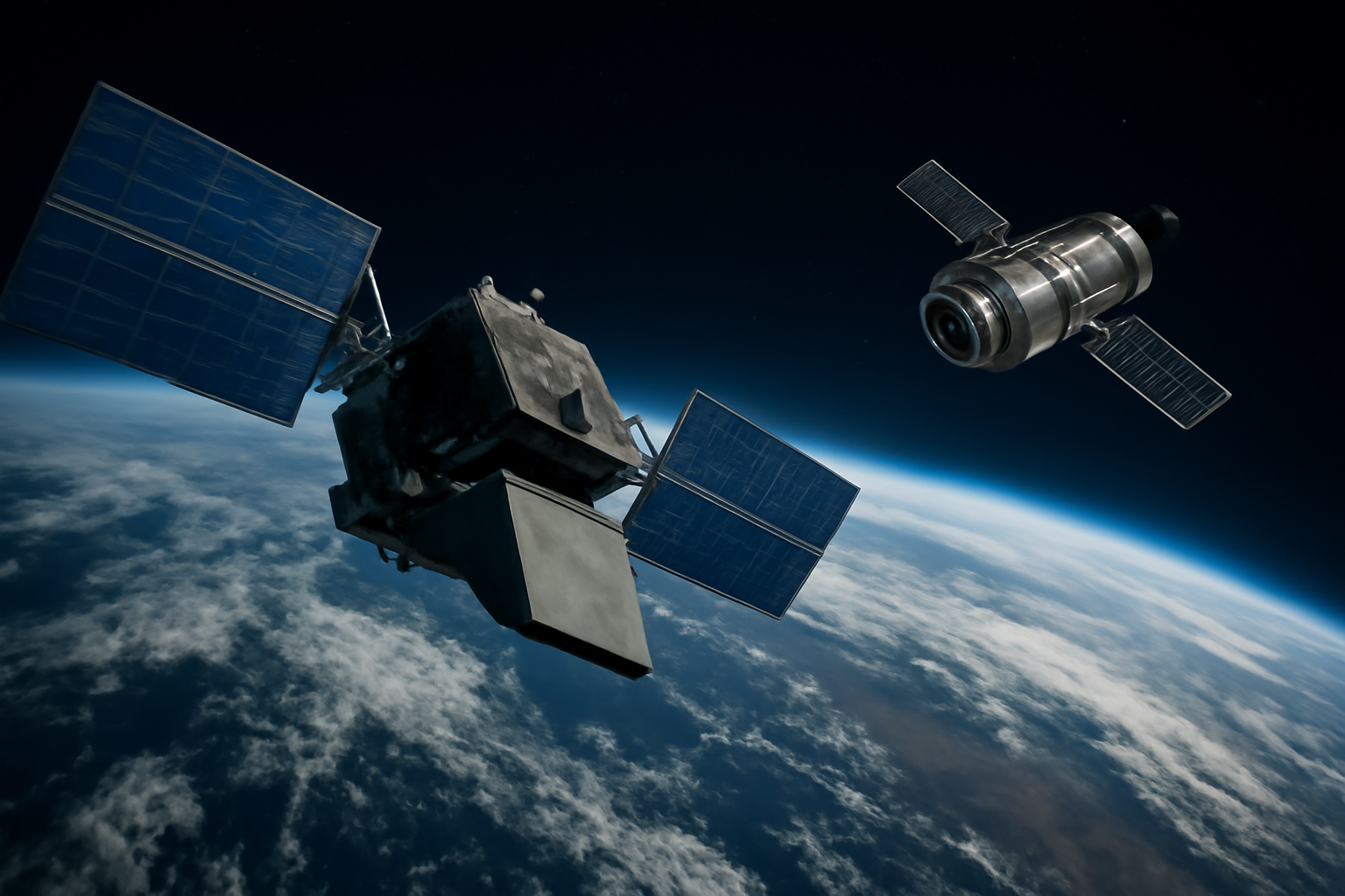 Radar imaging satellite in orbit above Earth with another spacecraft approaching at close range