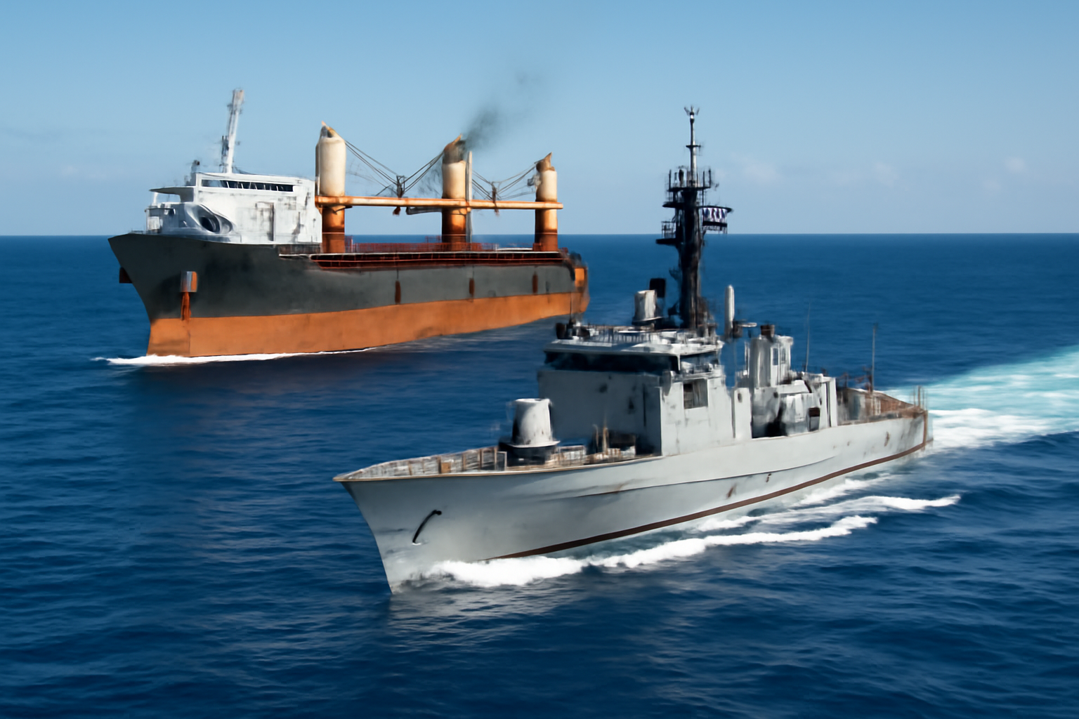 Coast Guard cutter escorting a large cargo ship across open water