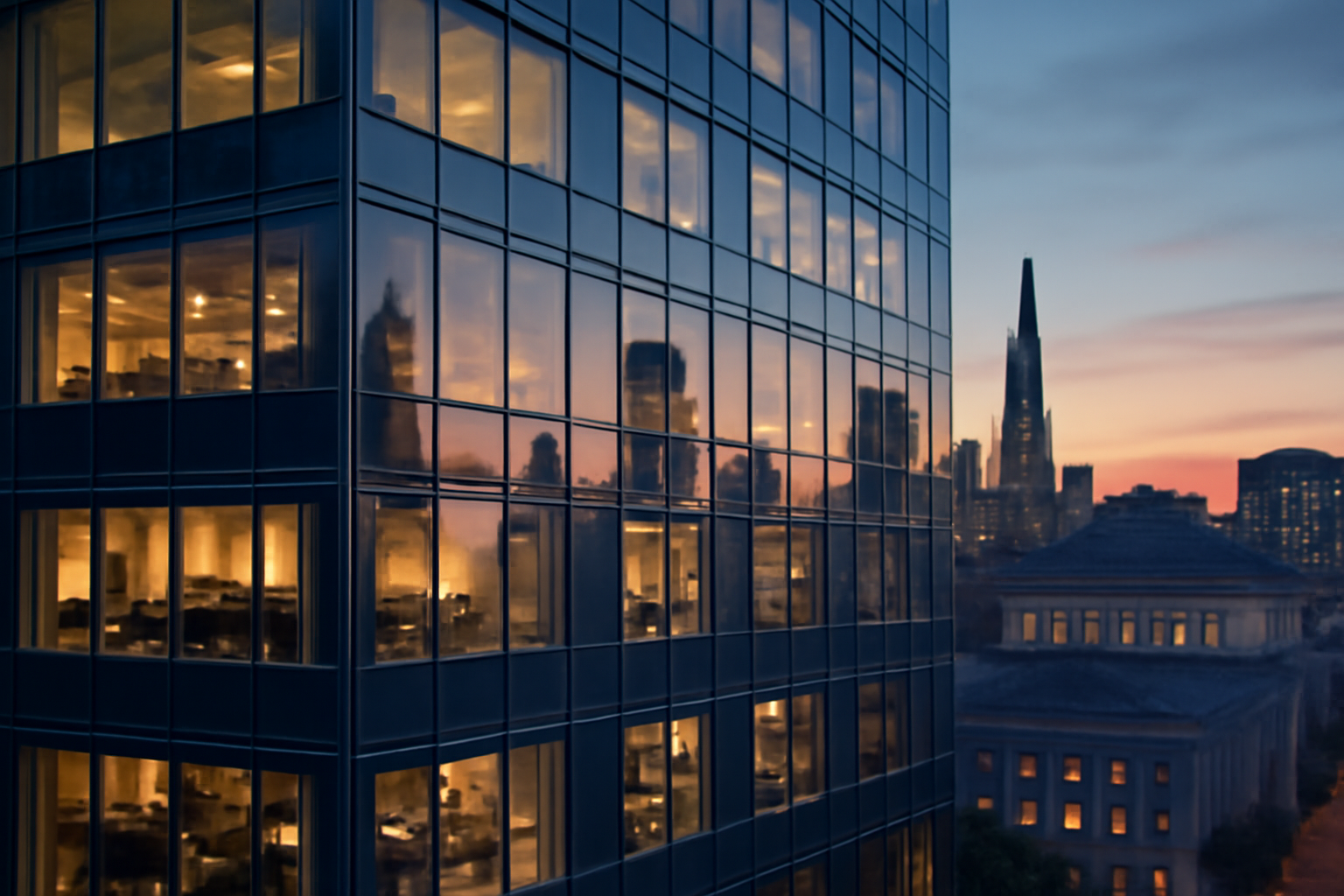 Exterior of an OpenAI office building in San Francisco with a courthouse silhouette in the background