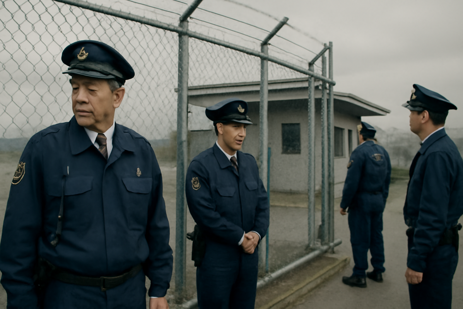 Japanese police officers stand near a perimeter fence outside a U.S. military installation gate