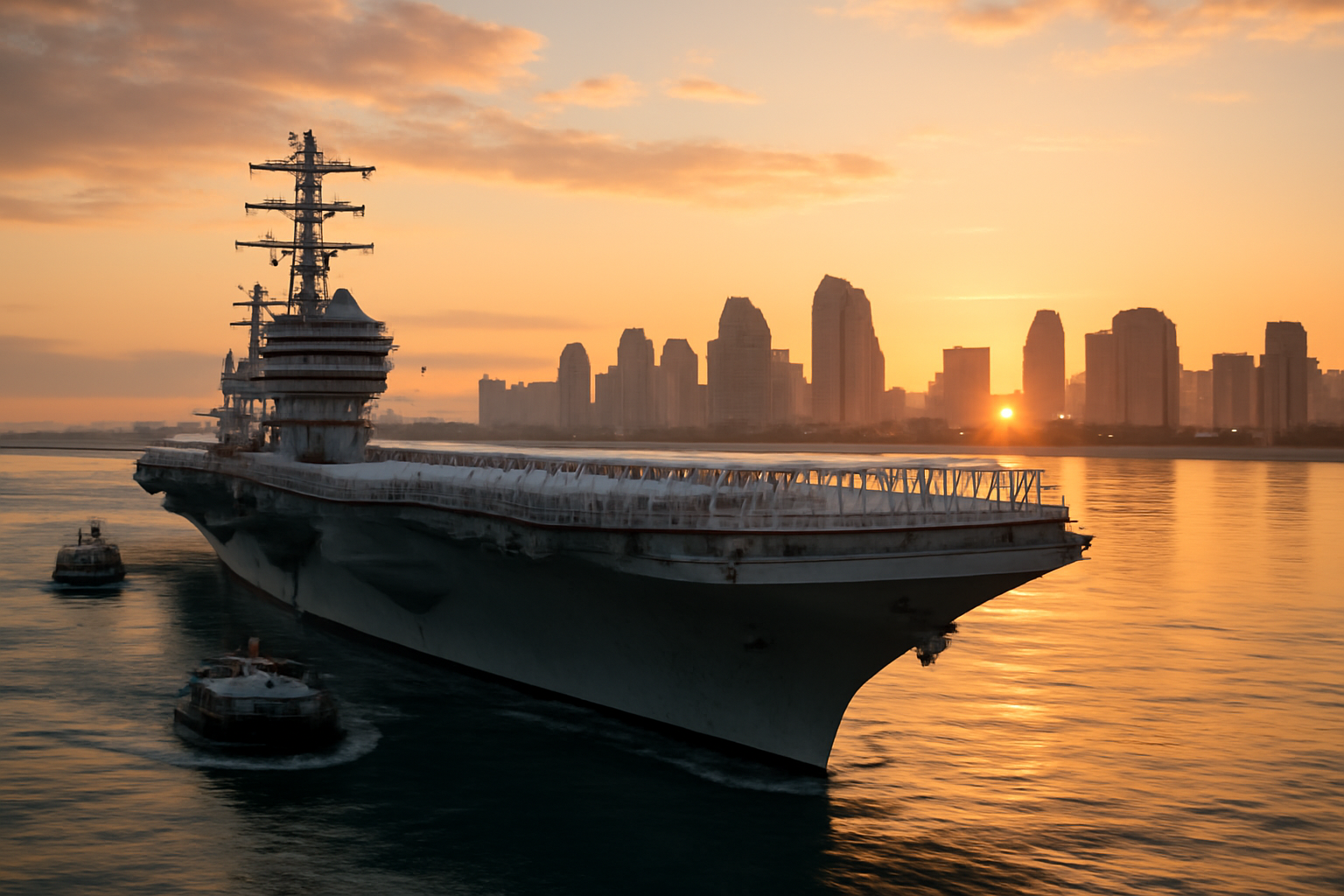 Sailors lined along the flight deck of a Navy aircraft carrier as it approaches a California coastline