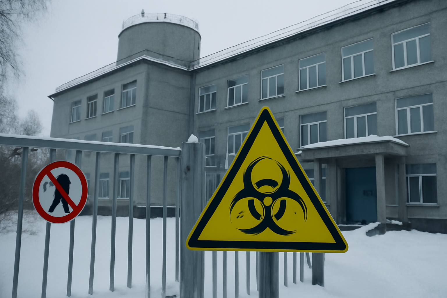 Exterior of a biosafety research laboratory building with warning signage in a snowy Siberian setting