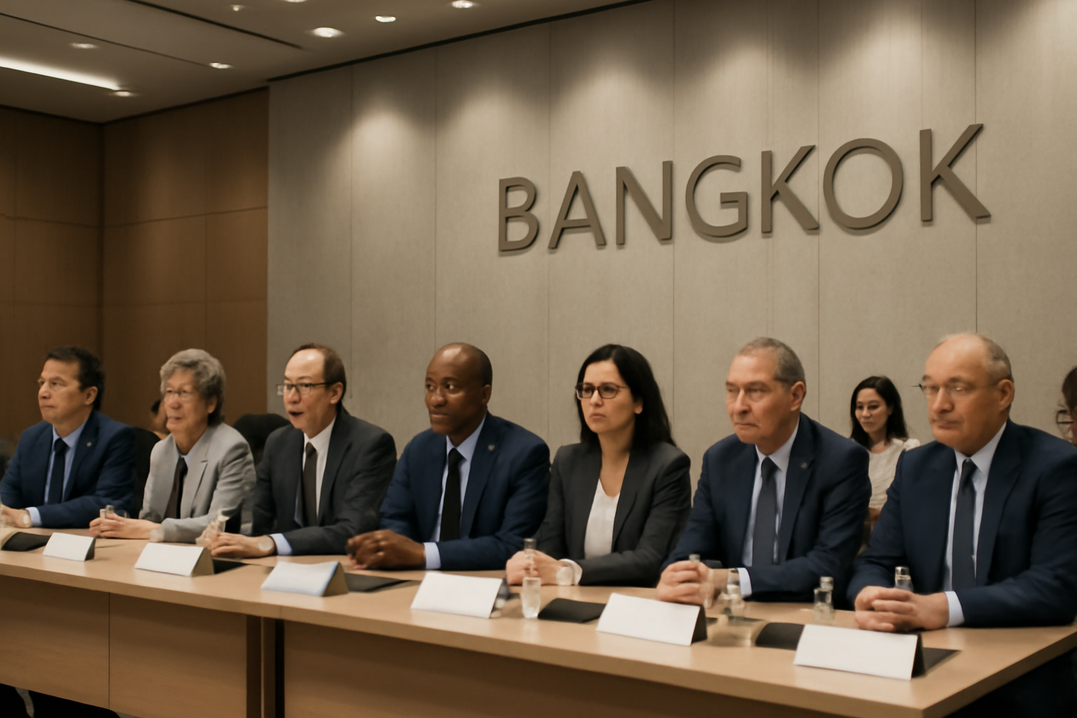 Finance ministers and central bank officials seated around a conference table at the IMF annual meetings