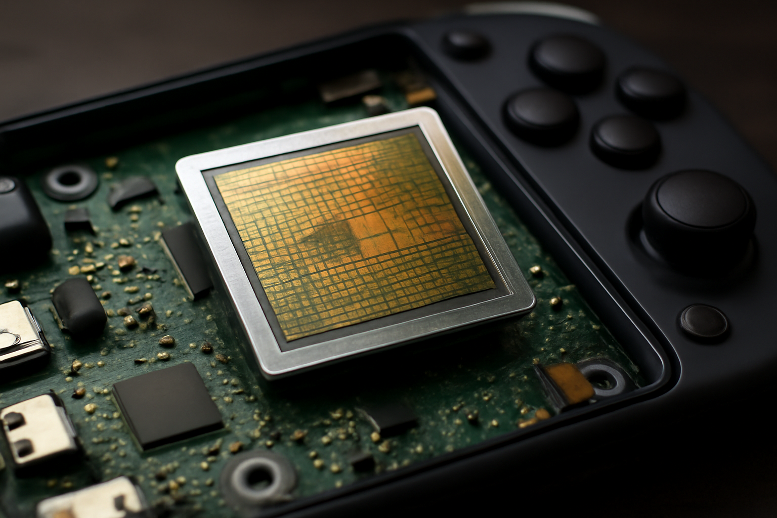 Close-up of a semiconductor chip die beside a handheld gaming device's open circuit board