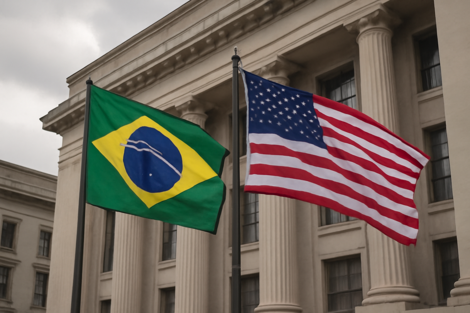 Brazilian and American flags displayed together outside a government building