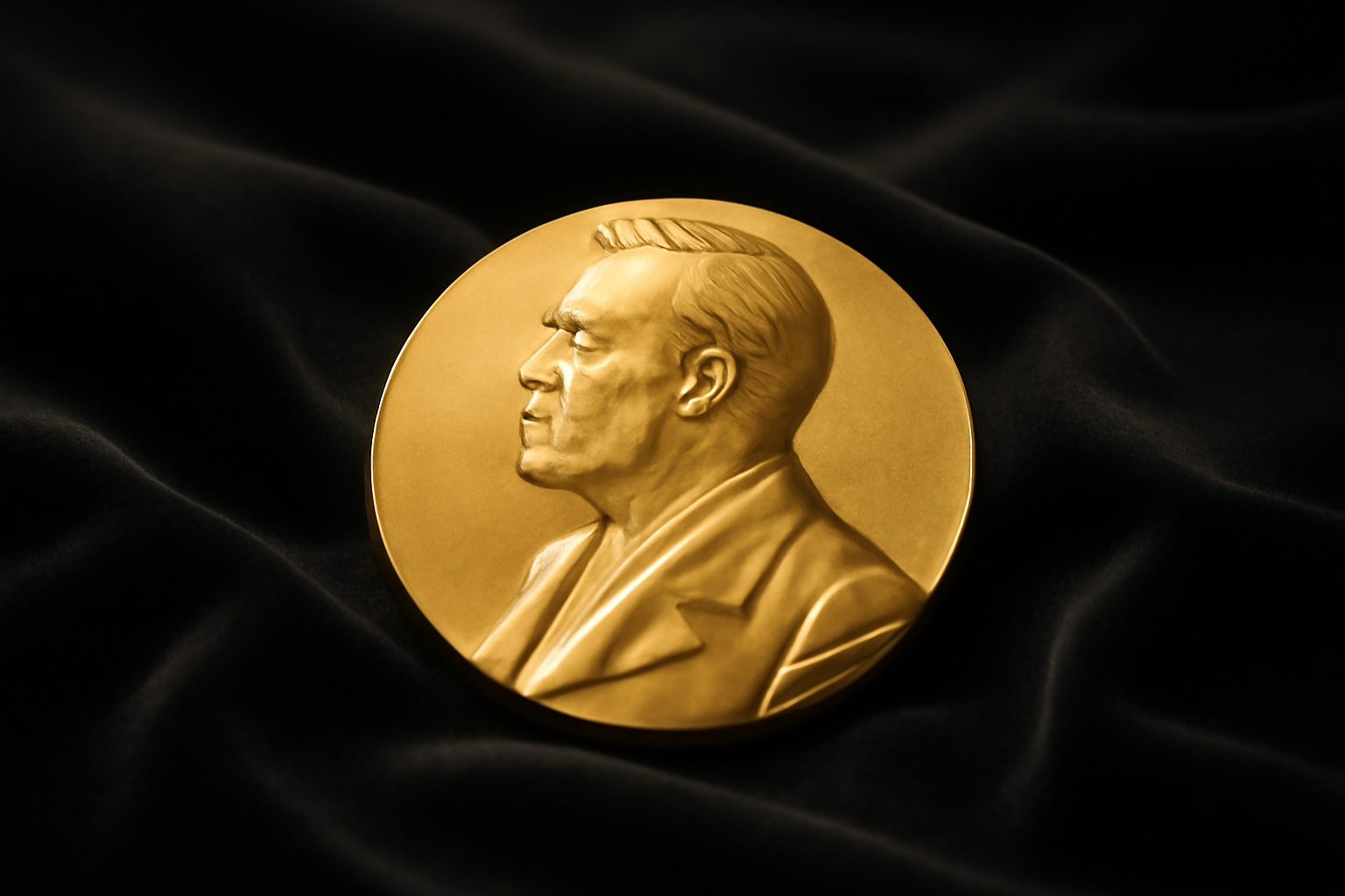 Gold Nobel Prize medal resting on dark velvet display surface