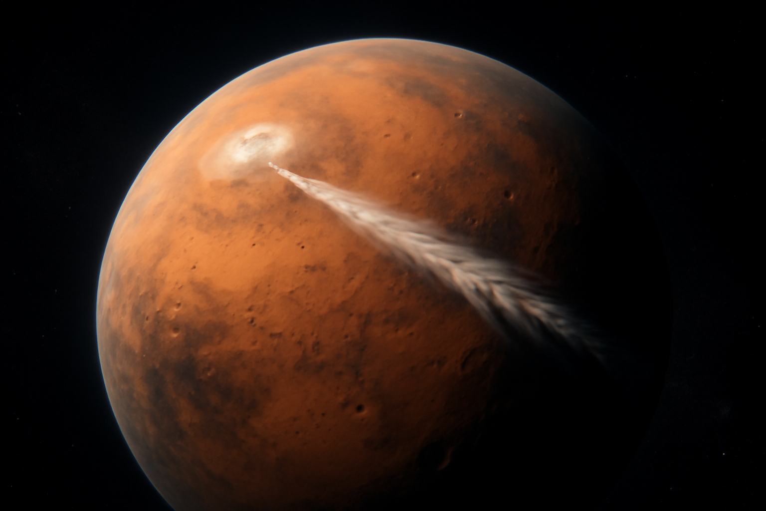A long white wisp of cloud stretching downwind from a tall Martian volcano under a dusty orange sky