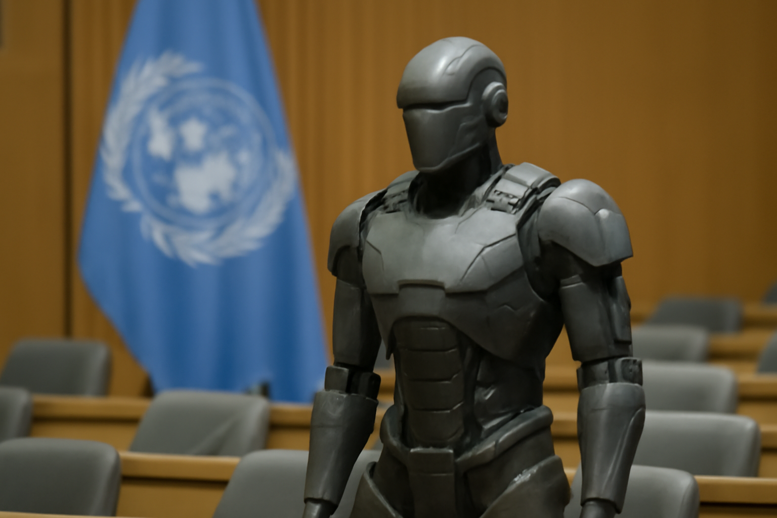 A humanoid military robot stands beside a UN flag inside a conference hall