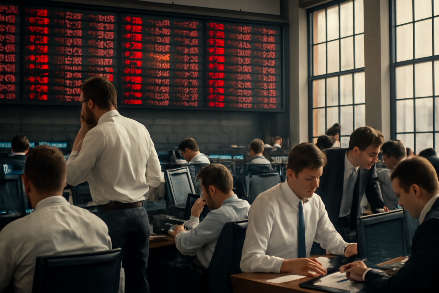 Stock ticker board showing red numbers on a city trading floor