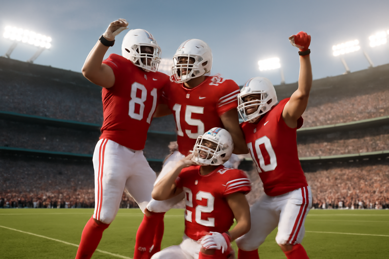 Kansas City Chiefs players celebrate a touchdown on the field at Arrowhead Stadium