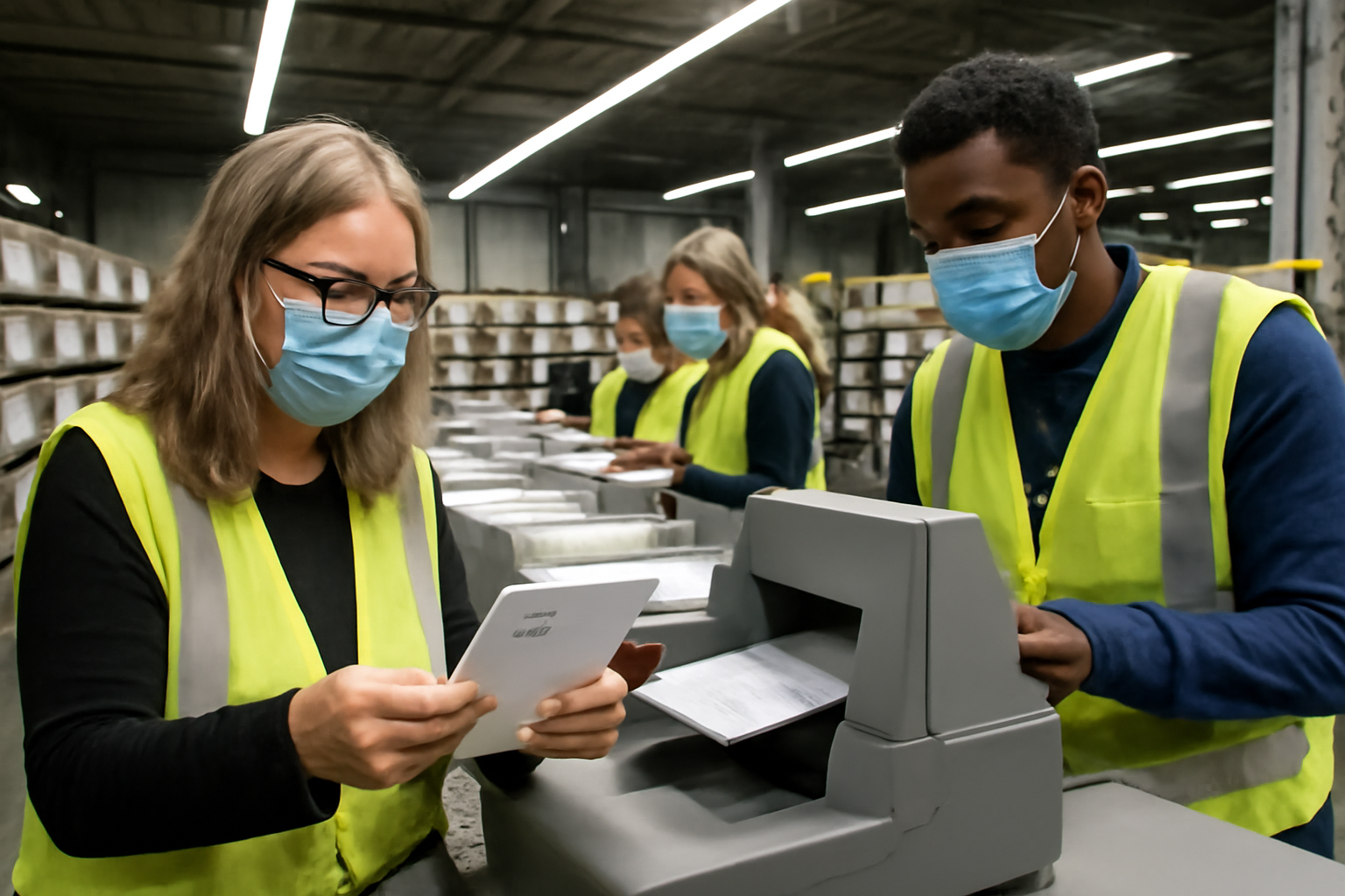 Election workers process ballots at a county processing center with voting equipment visible