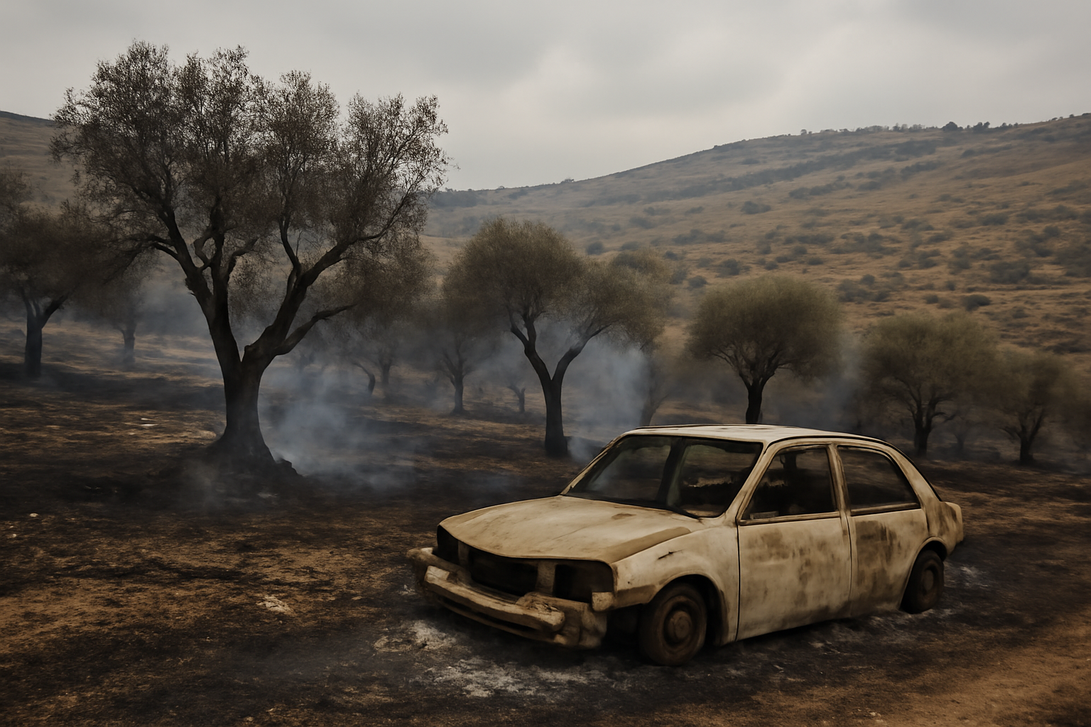 Scorched olive trees and a burned car in a West Bank village during harvest season