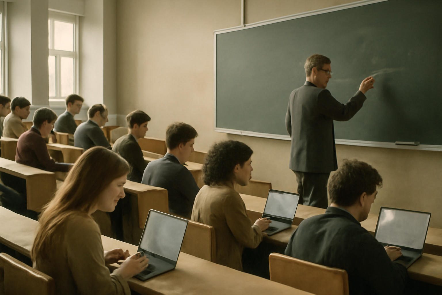A philosophy lecture hall with students using laptops while a professor writes on a chalkboard