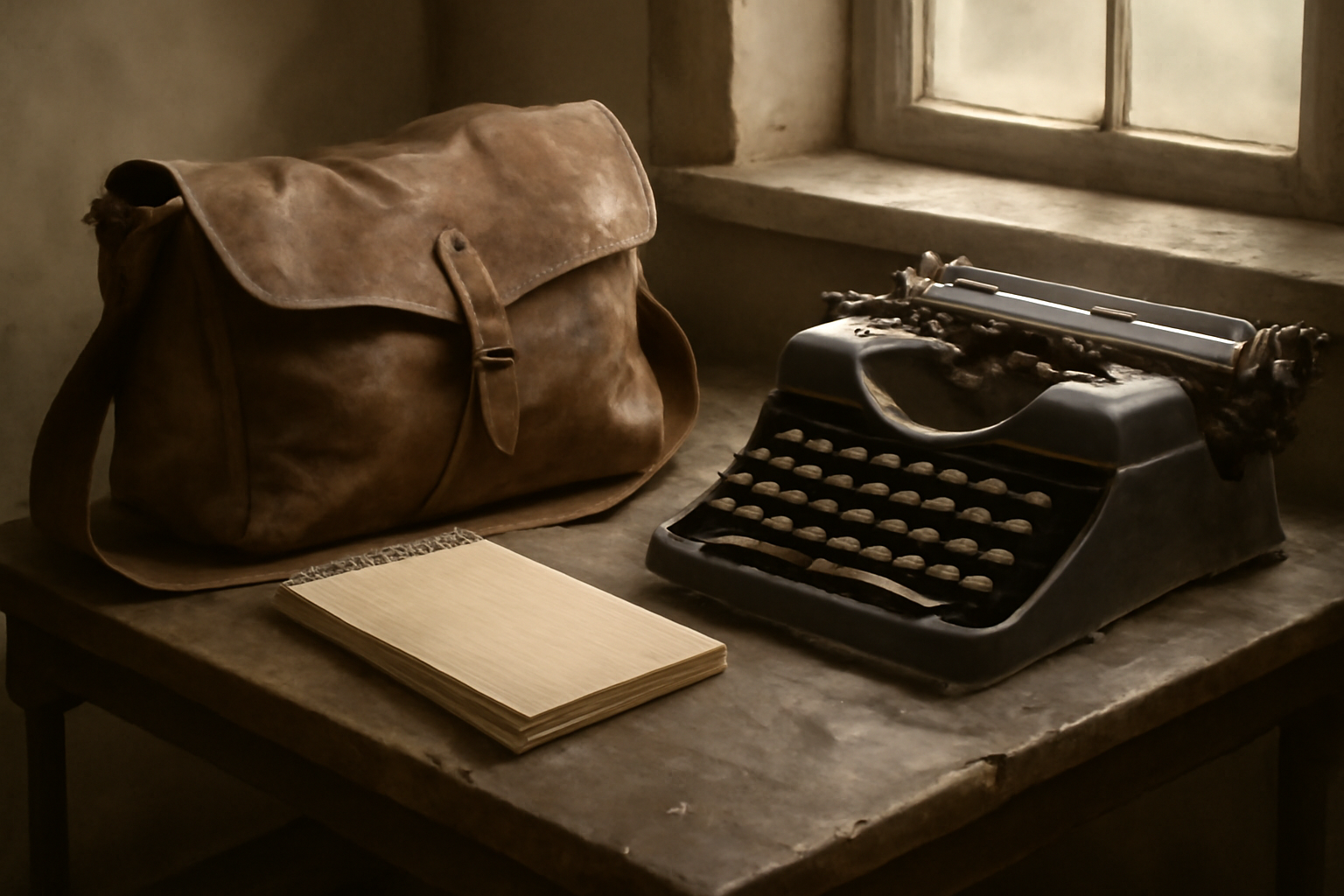 A worn leather journalist's satchel and notebook resting beside a vintage typewriter on a wooden field desk