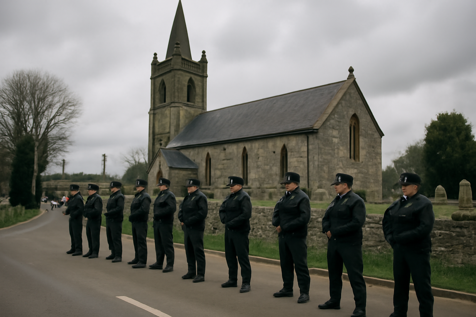 Orange Order members and police officers standing near Drumcree Church in Portadown, Northern Ireland