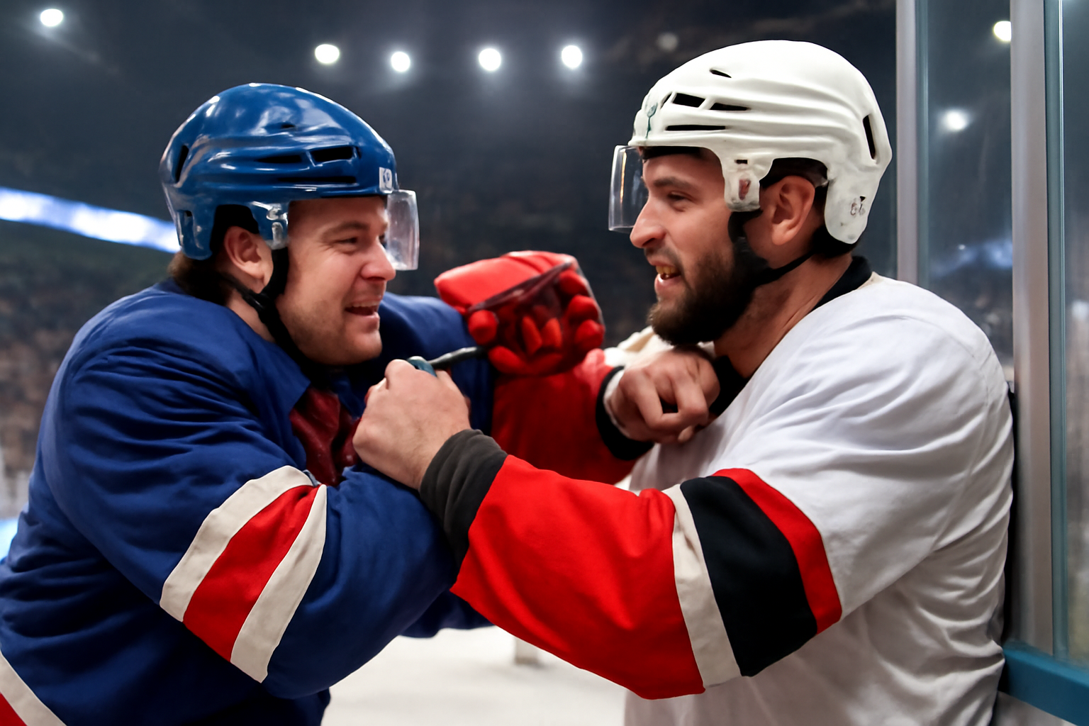 Two NHL players in full gear grappling near the boards during a game stoppage