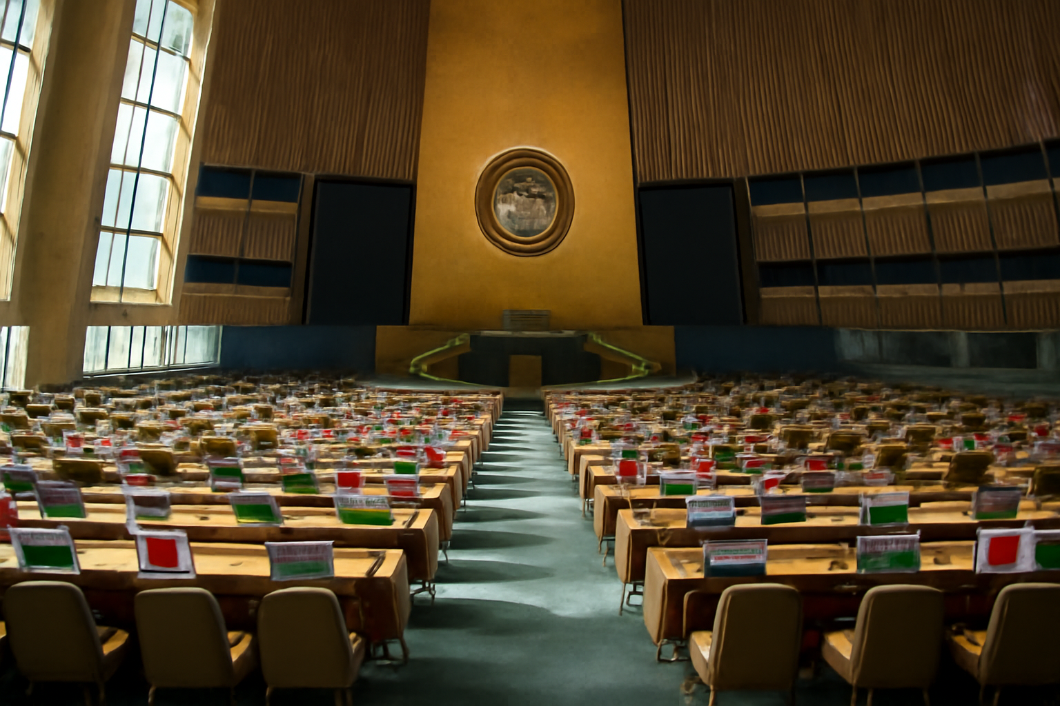 United Nations General Assembly hall with delegate flags and empty speaker podium