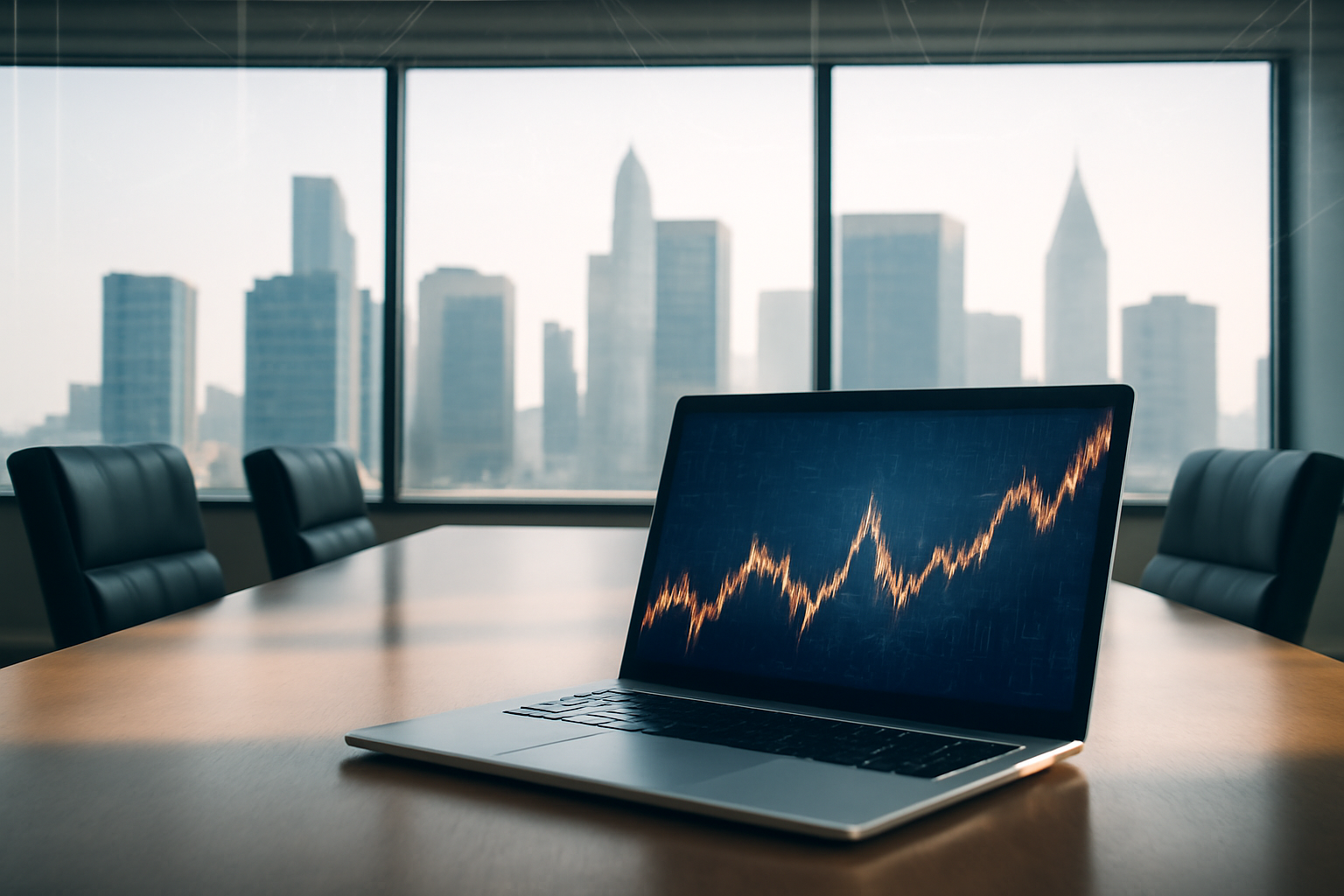 A boardroom table with an open laptop showing abstract stock chart lines beside a city skyline window