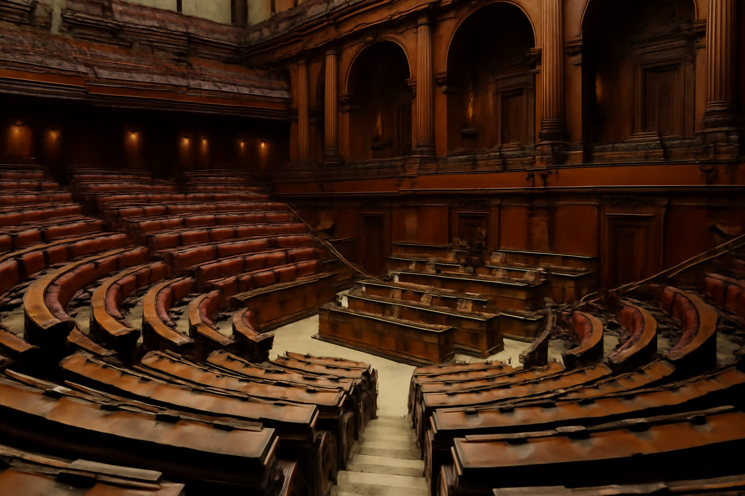 Ornate chamber of the Italian parliament with rows of empty wooden benches under daylight