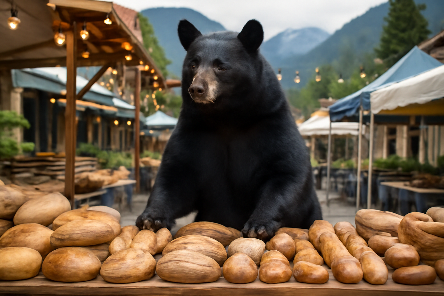 A black bear standing on its hind legs at an outdoor market stall filled with bread and pastries