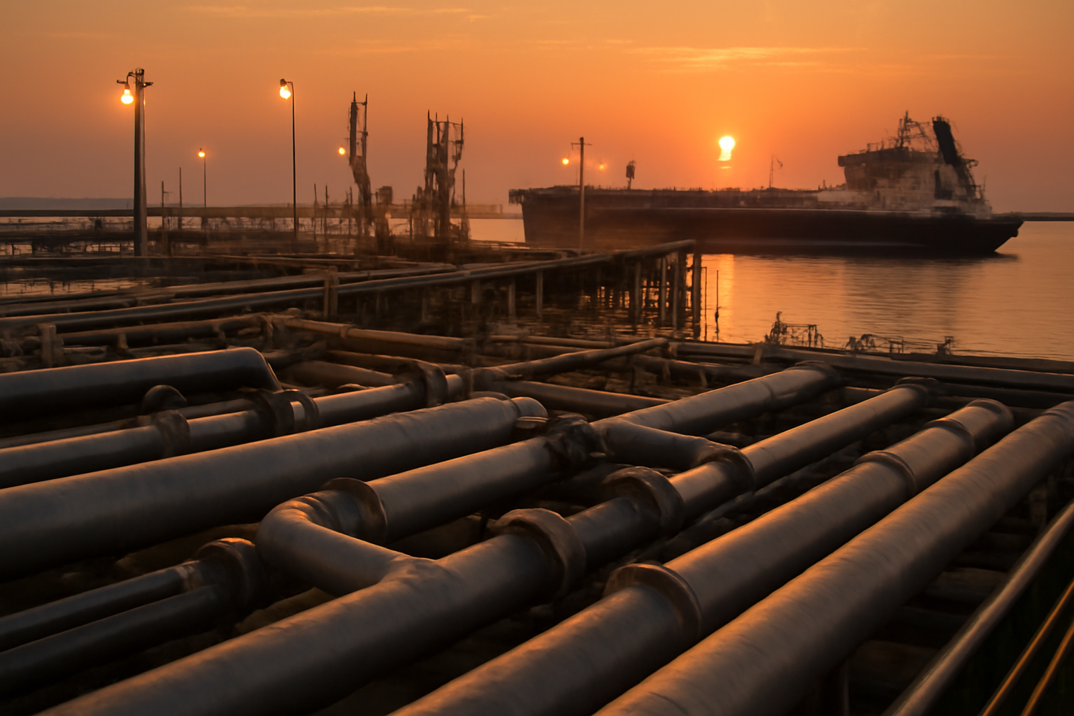 Oil tankers and pipeline infrastructure near a Middle East export terminal at dusk