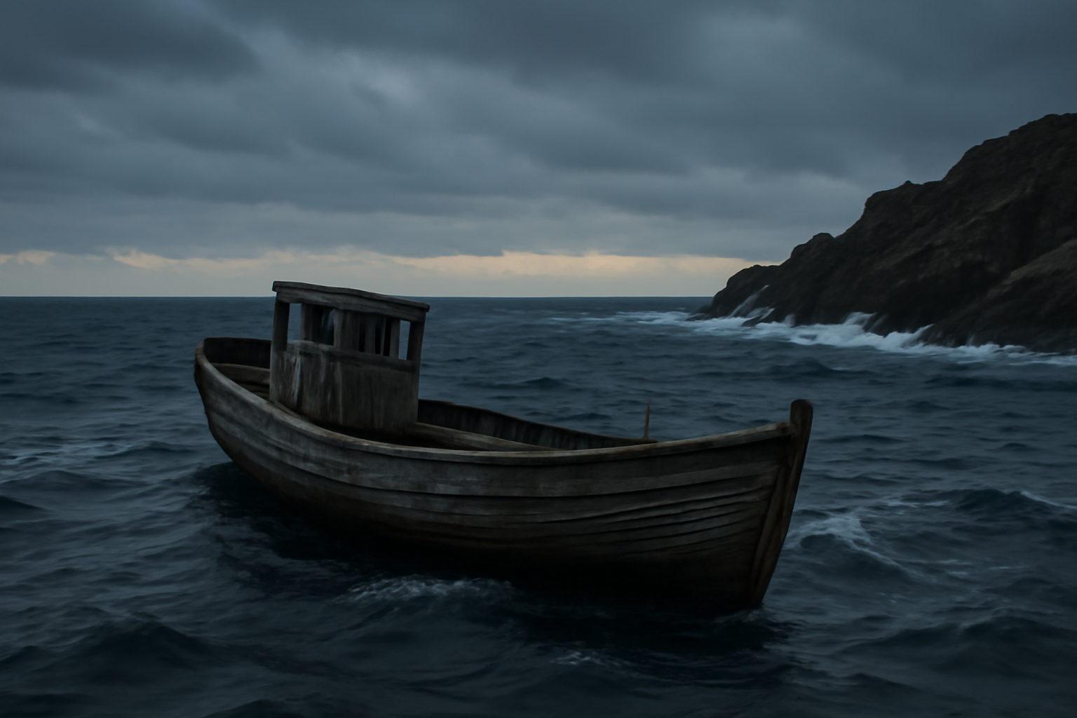 A wooden fishing boat adrift in choppy open water near a rocky coastline at dusk.
