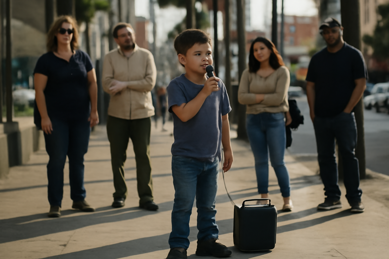 A young boy sings into a microphone on a city sidewalk as pedestrians pause to watch