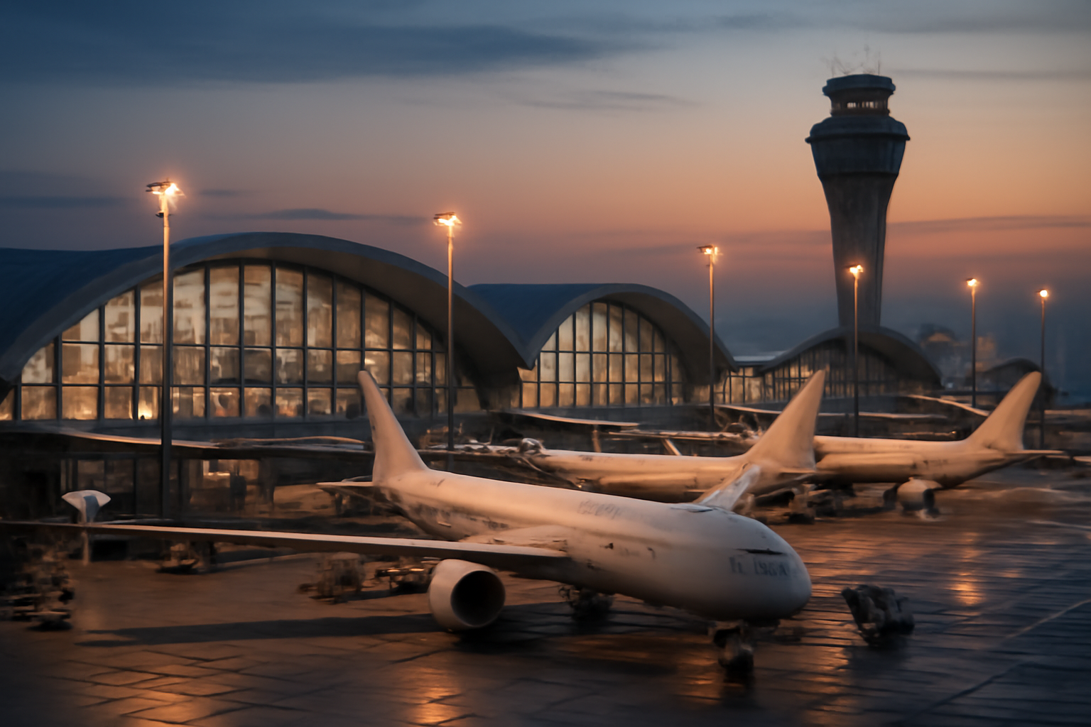 Commercial airport terminal with jets parked on a tarmac under a desert sky
