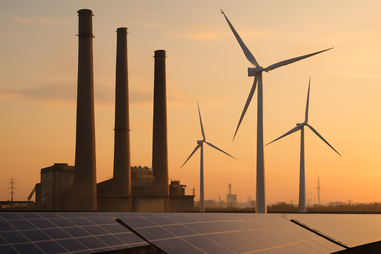 Factory smokestacks beside wind turbines under a clear sky, symbolizing the shift in US energy sources