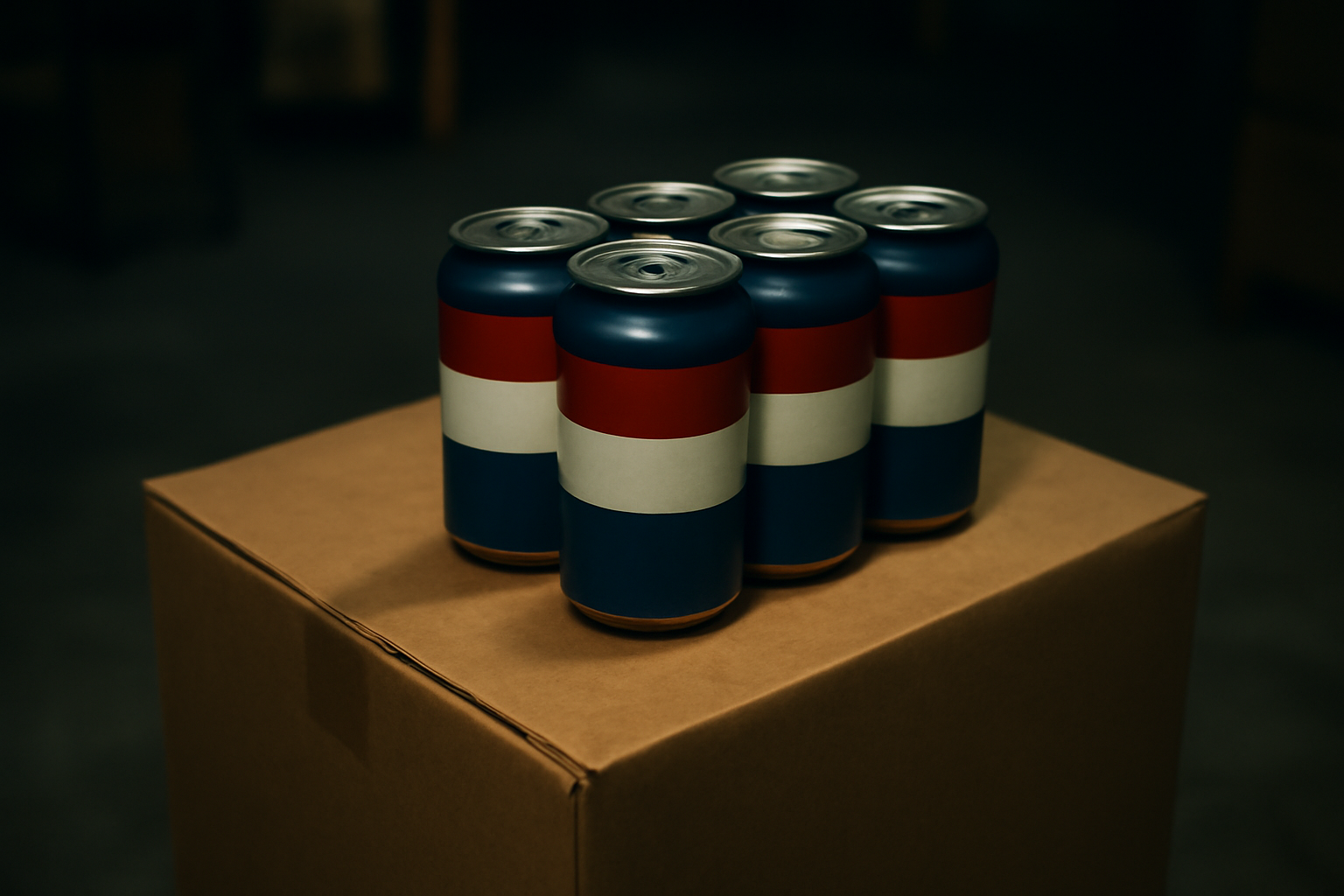 An unopened six-pack of patriotic-themed beer cans sitting untouched on a cardboard shipping box