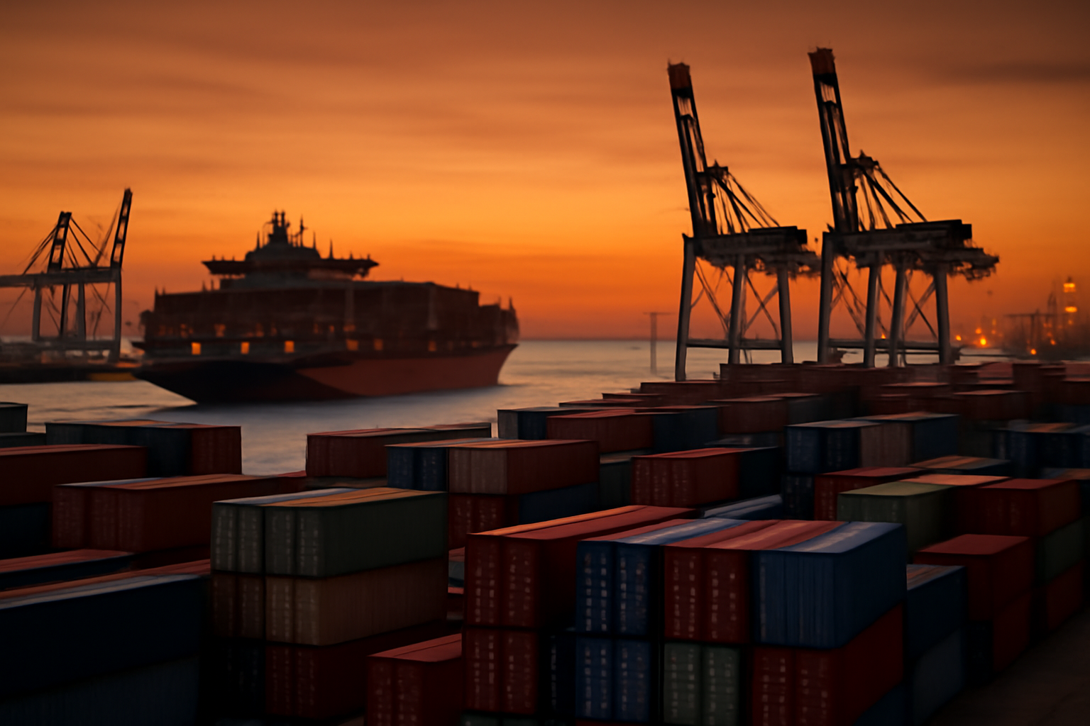 Cargo containers stacked at a port with a container ship departing toward open water