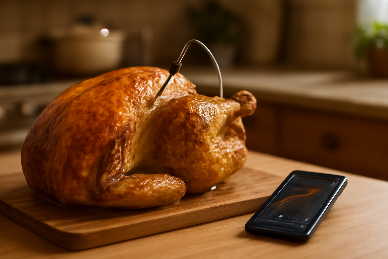 A digital probe thermometer inserted into a roasted turkey beside a smartphone showing a temperature app
